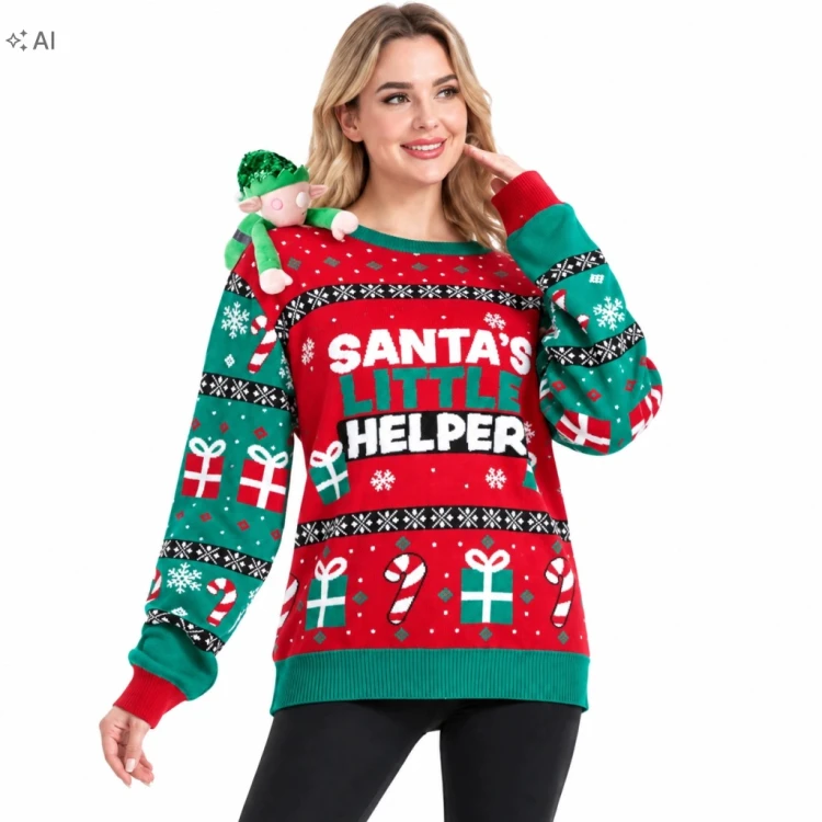 Świąteczny sweter z NAPISEM, zabawny M z długim rękawem unisex CZERWONY