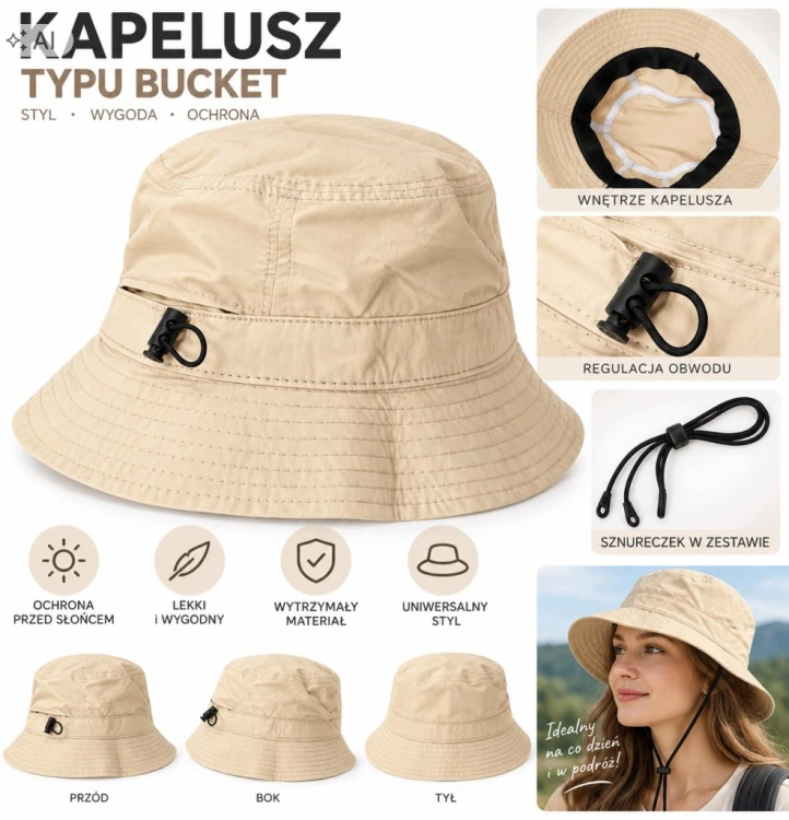 Kapelusz bucket beżowy regulowany ze sznurkiem rybak turystyczny unisex