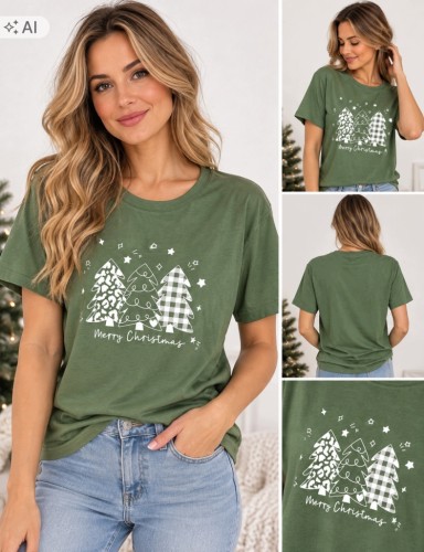 Koszulka damska świąteczna T-shirt Merry Christmas choinki bawełna XL