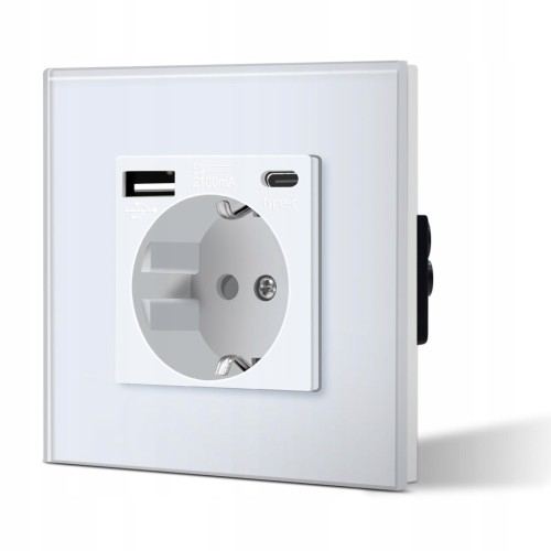 BSEED Gniazdko Szklane Białe 3w1 USB Typ C Ładowarka 16A 2.1A 3-żyłowe