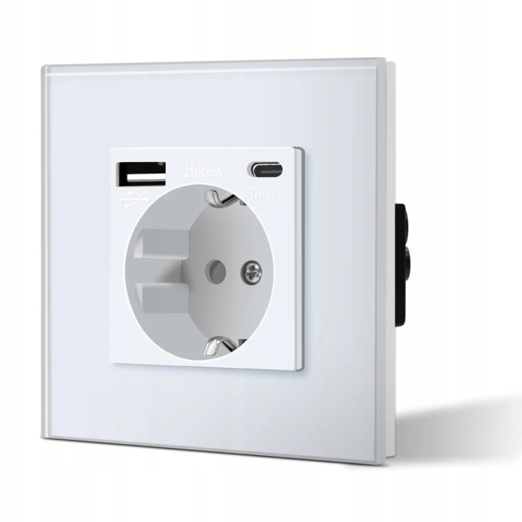 BSEED Gniazdko Szklane Białe 3w1 USB Typ C Ładowarka 16A 2.1A 3-żyłowe