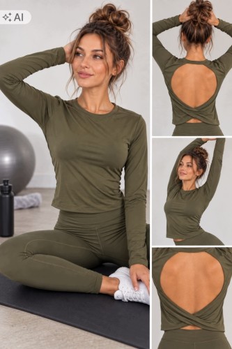 Damska bluzka sportowa fitness / joga z odkrytymi plecami – khaki, L