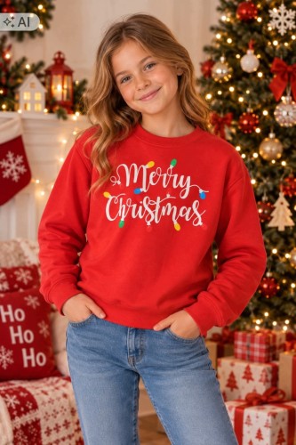 Bluza świąteczna dziecięca 140 Merry Christmas czerwona lampki bawełna