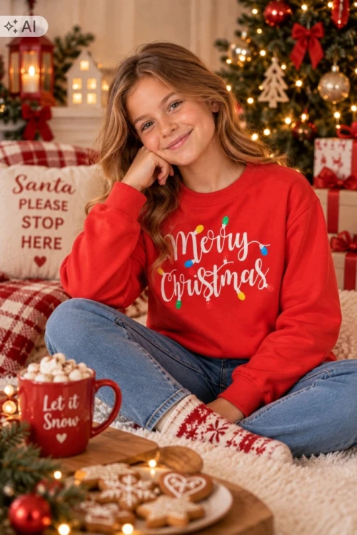 Bluza świąteczna dziecięca 140 Merry Christmas czerwona lampki bawełna