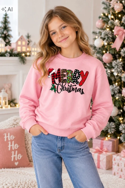 Bluza świąteczna dziecięca 140 różowa Merry Christmas bawełna