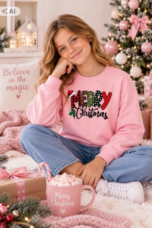 Bluza świąteczna dziecięca 140 różowa Merry Christmas bawełna