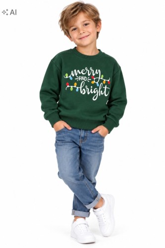 Bluza świąteczna dziecięca 120 zielona Merry and Bright lampki
