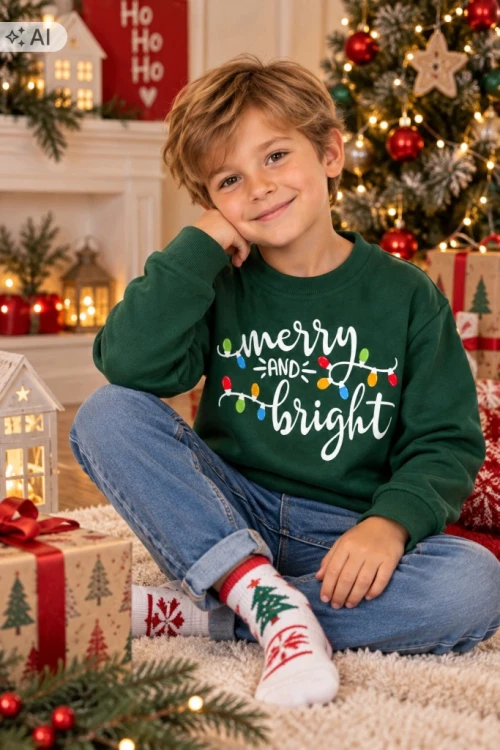 Bluza świąteczna dziecięca 120 zielona Merry and Bright lampki